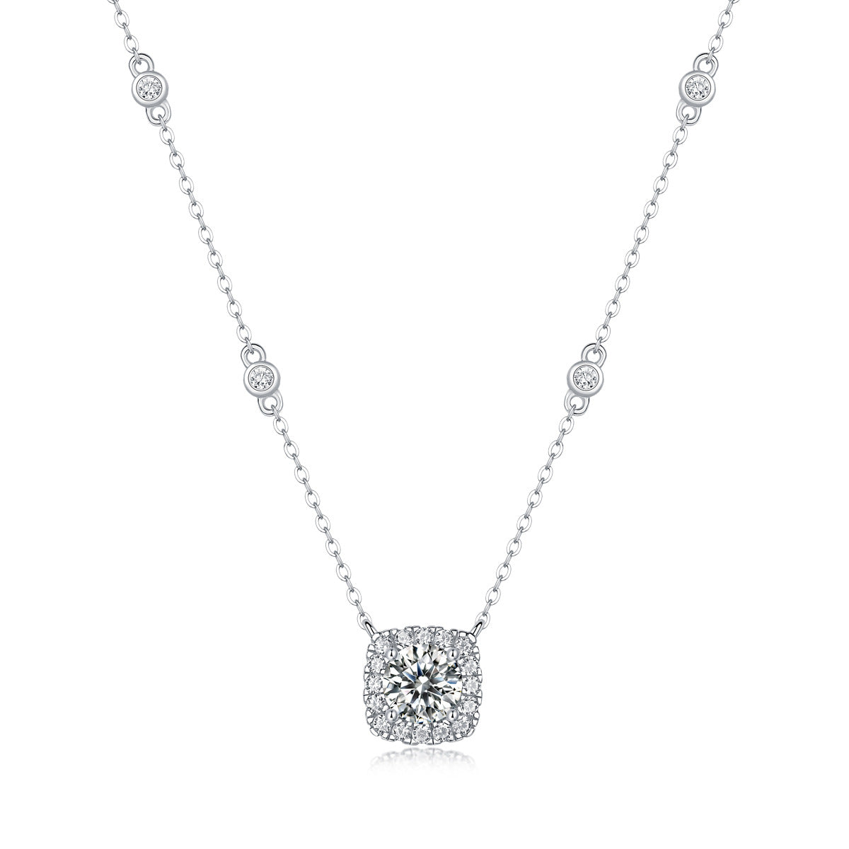 Halo Moissanite Pendant Necklace White Gold Silver
