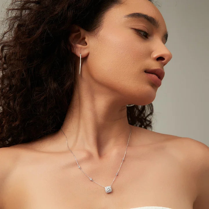 Halo Moissanite Pendant Necklace White Gold Silver