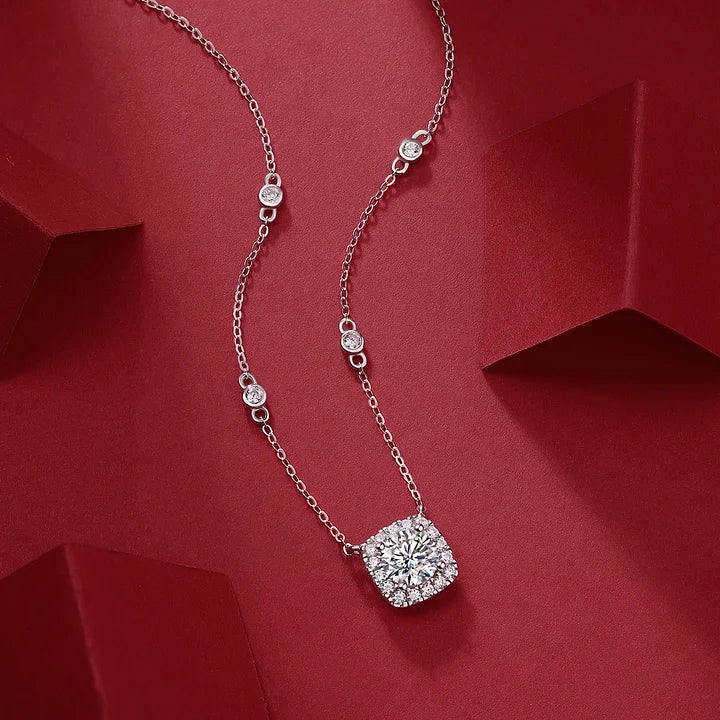 Halo Moissanite Pendant Necklace White Gold Silver