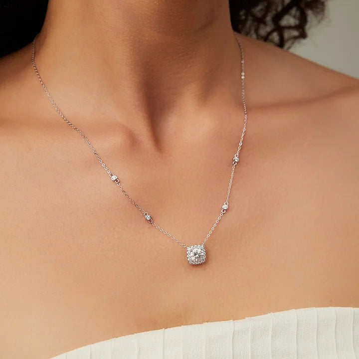 Halo Moissanite Pendant Necklace White Gold Silver