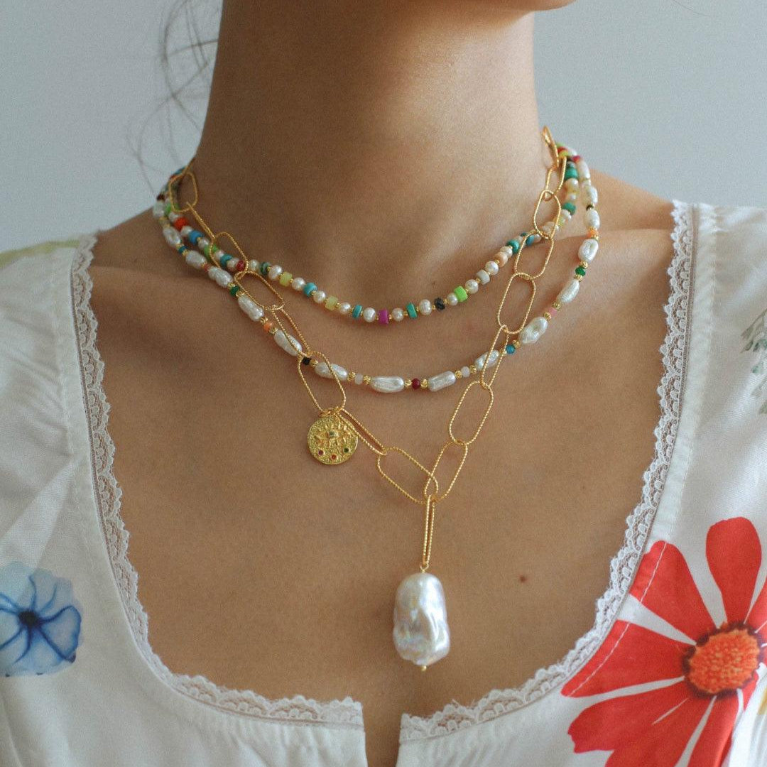 Metal Chain Baroque Pearl Pendant Necklace -7