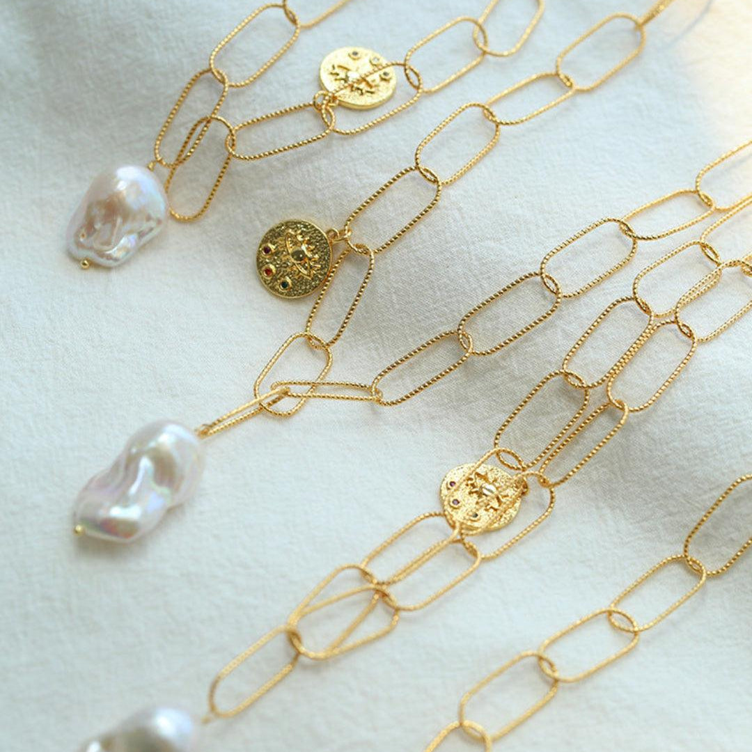 Metal Chain Baroque Pearl Pendant Necklace -8