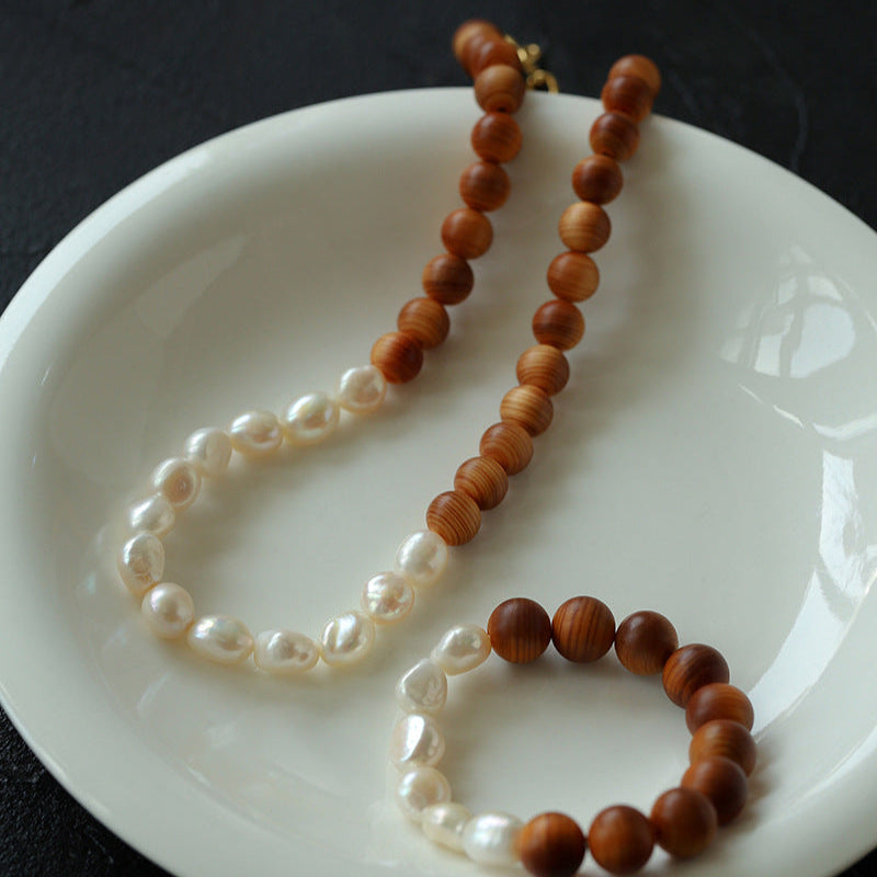 Wood Grain Bead Baroque Pearl Bracelet - 5