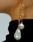 French Vintage Openwork Baroque Pearl Drop Earrings Double Layer