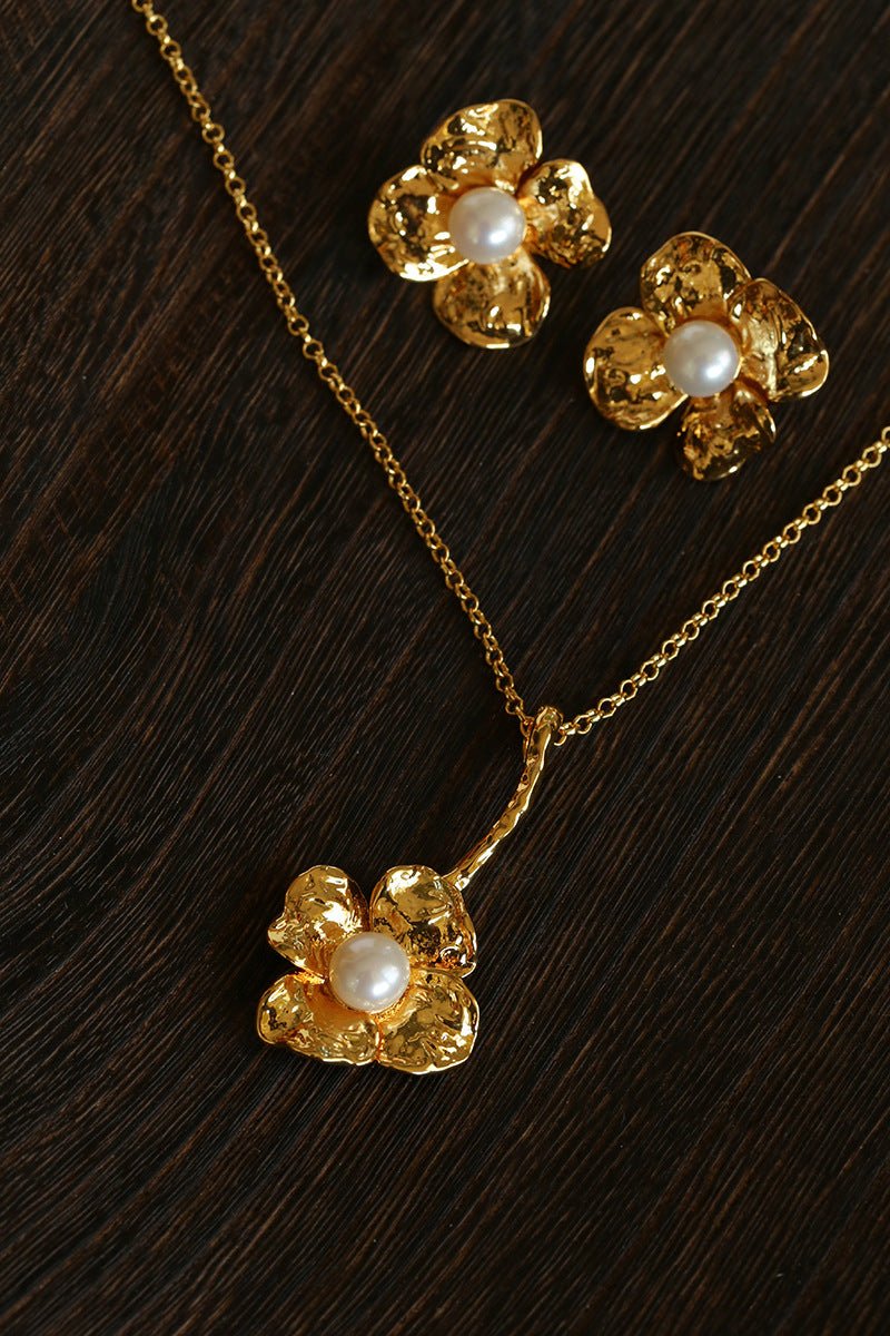 Handcrafted Four-Petal Flower Earrings with Freshwater Pearl