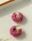 Morandi Fuzzy Yarn Hoop Earrings Berry Red & Gold