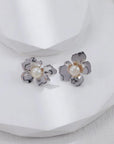 Silver Floral Petal Pearl Earrings - ORE Jewelry