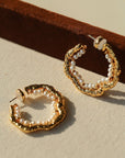 Textured Molten Metal C-Shaped Hoop Earrings with Freshwater Pearl Gemstones Pearls