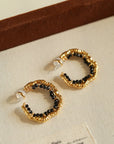 Textured Molten Metal C-Shaped Hoop Earrings with Freshwater Pearl Gemstones Black spinel