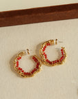 Textured Molten Metal C-Shaped Hoop Earrings with Freshwater Pearl Gemstones Red spinel
