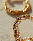 Textured Molten Metal C-Shaped Hoop Earrings with Freshwater Pearl Gemstones
