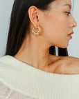 Textured Molten Metal C-Shaped Hoop Earrings with Freshwater Pearl Gemstones