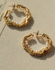 Textured Molten Metal C-Shaped Hoop Earrings with Freshwater Pearl Gemstones