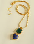 Vintage-Inspired Double Stone Heart & Square Pendant Necklace Lapis Lazuli and Green Agate